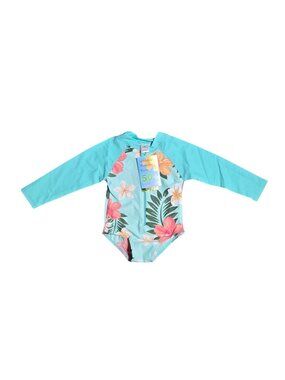 NWT | Baby Girl's Aqua Tropical Floral Long Sleeve Swim Suit | UPF 50+ | 12M